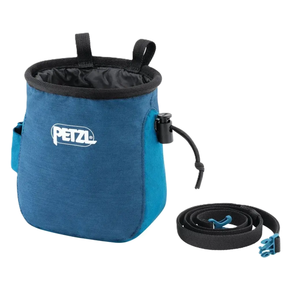 Blue chalk bag with black strap and Petzl logo