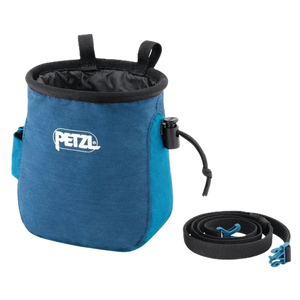 Blue chalk bag with black strap and Petzl logo