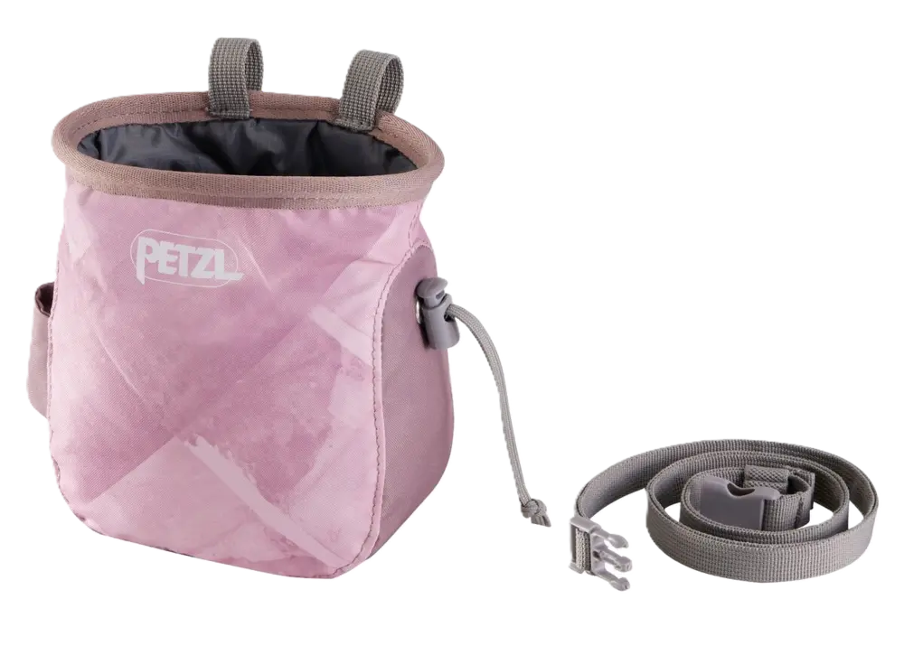 Blue chalk bag with black strap and Petzl logo