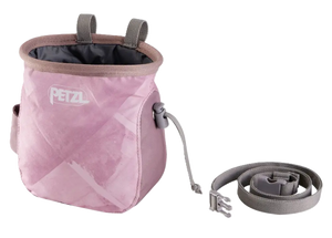 Pink  chalk bag with black strap and Petzl logo