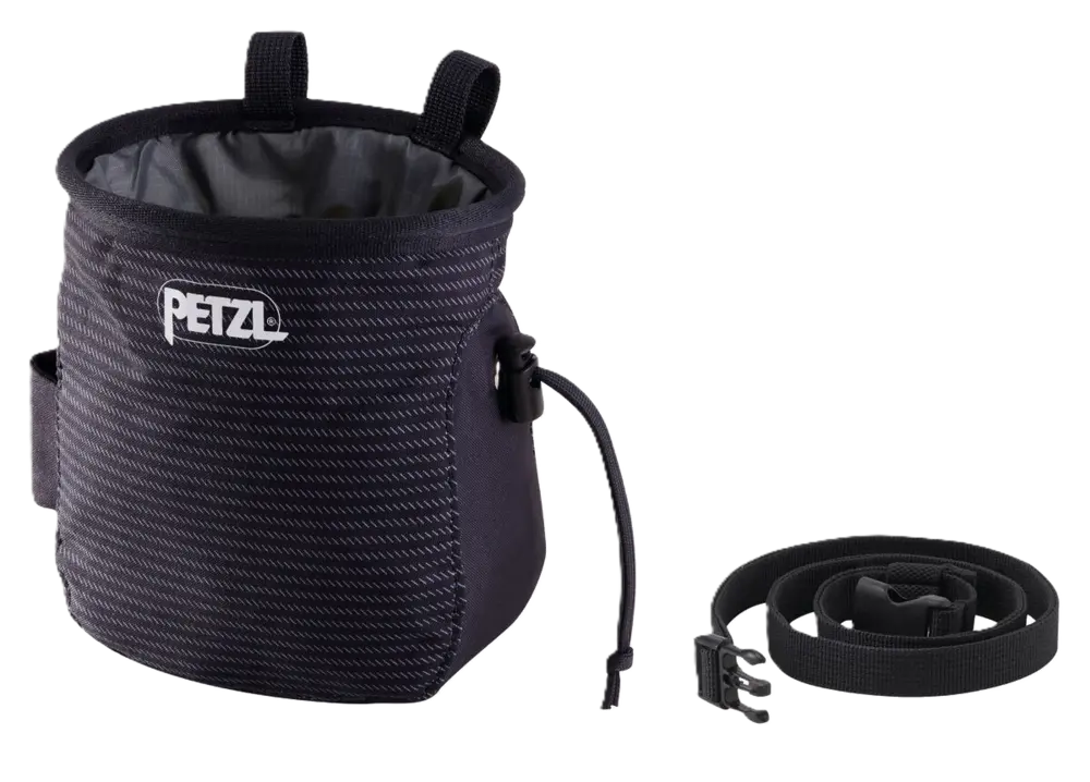 striped chalk bag with black strap and Petzl logo