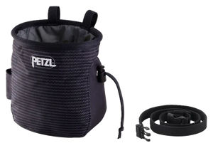 striped chalk bag with black strap and Petzl logo