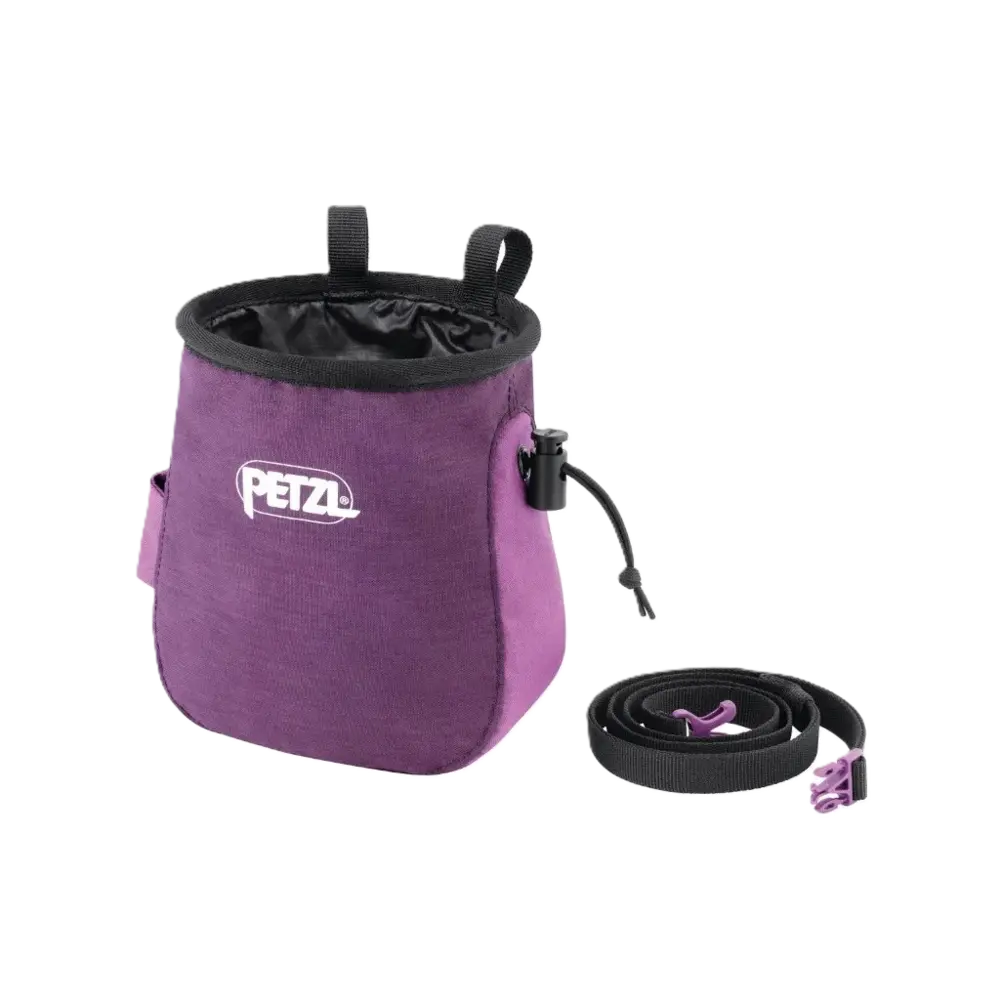 Purple  chalk bag with black strap and Petzl logo