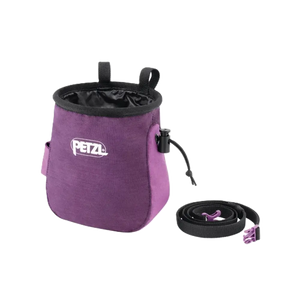 Purple  chalk bag with black strap and Petzl logo
