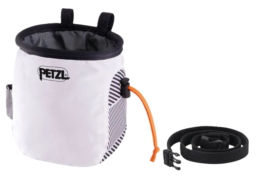 White  chalk bag with black strap and Petzl logo