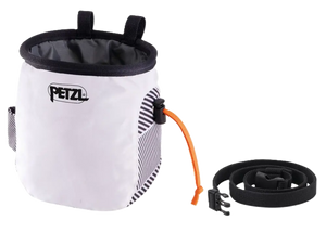 White  chalk bag with black strap and Petzl logo