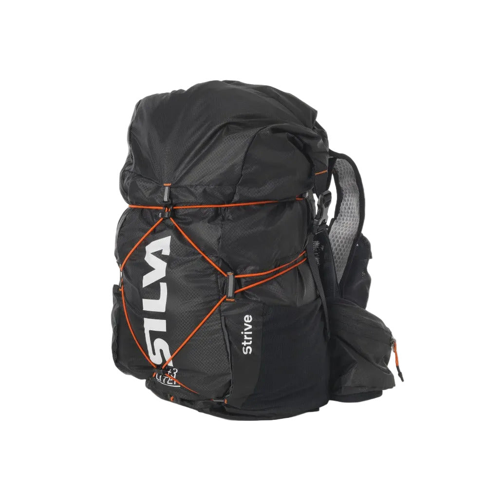 A black Strive backpack with orange compression straps and white branding, shown on a light gray background.