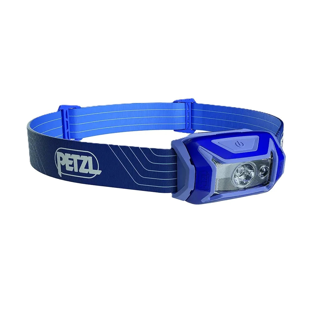 Blue headlamp with Petzl logo on a white background