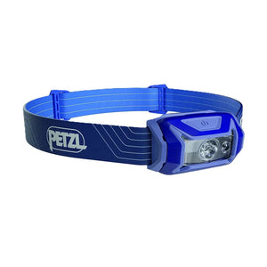 Blue headlamp with Petzl logo on a white background
