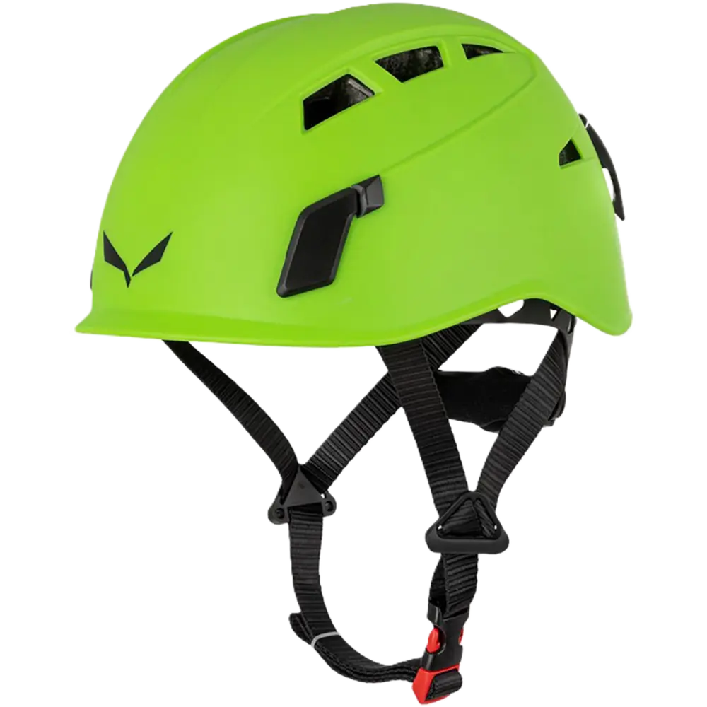 Blue helmet with black straps on a white background