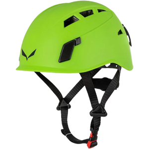 Green helmet with black straps on a white background