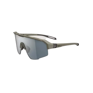 Sunglasses with a reflective lens on a white background