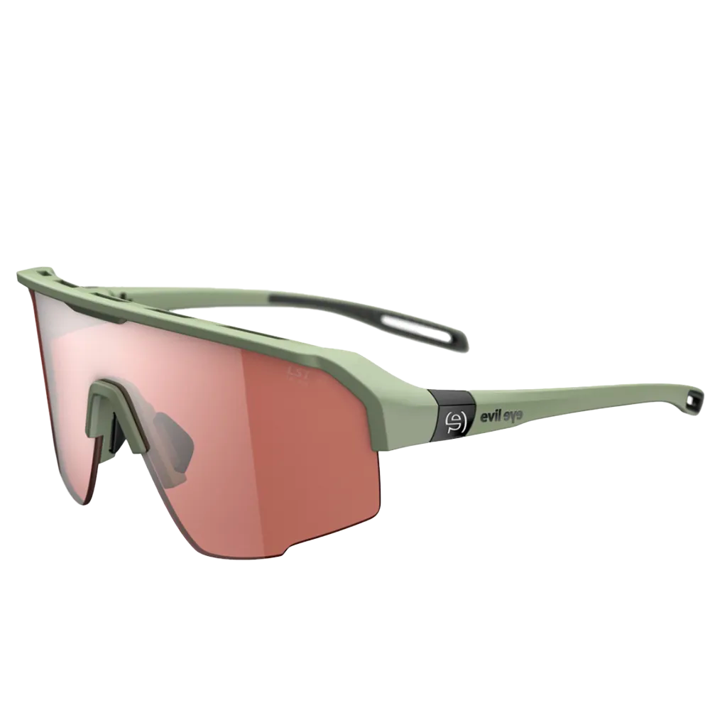 Sunglasses with green frame and pink-tinted lenses on a white background