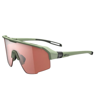 Sunglasses with green frame and pink-tinted lenses on a white background