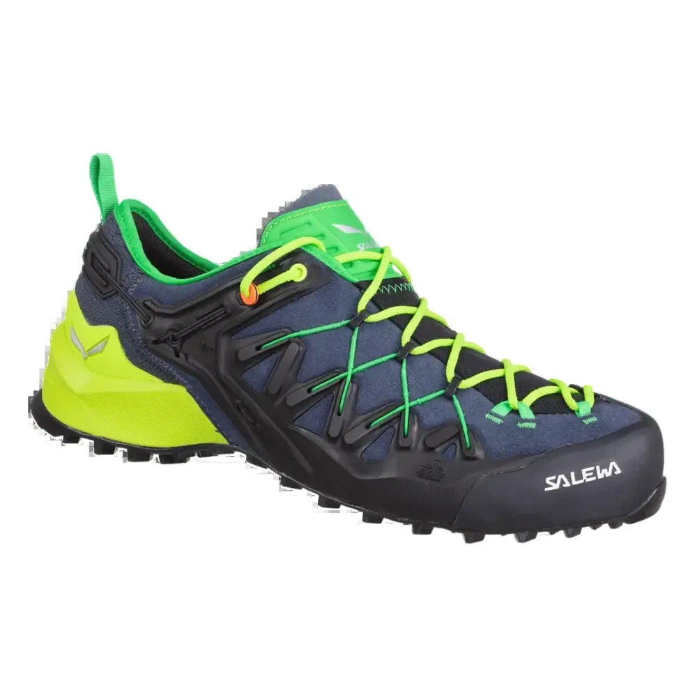 A Salewa approach shoe in fluo-yellow and navy with neon yellow laces, shown from a side profile on a white background.