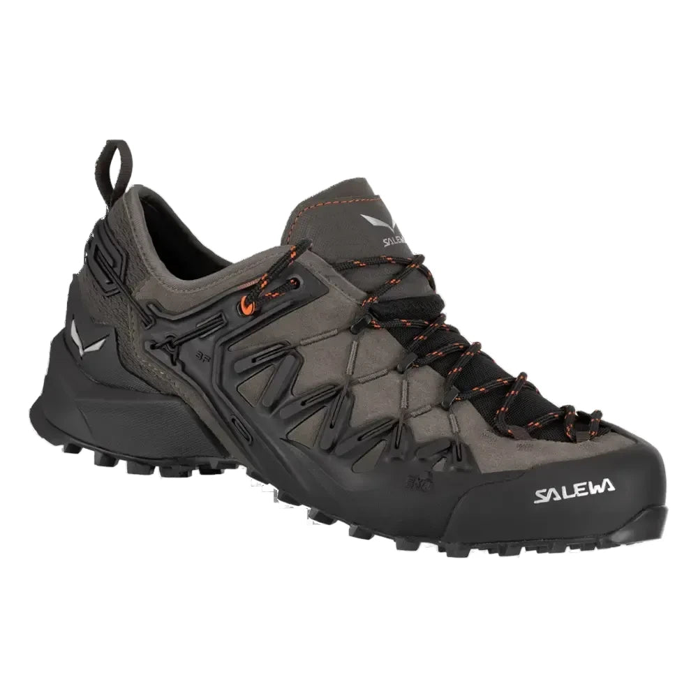 A Salewa approach shoe in fluo-yellow and navy with neon yellow laces, shown from a side profile on a white background.