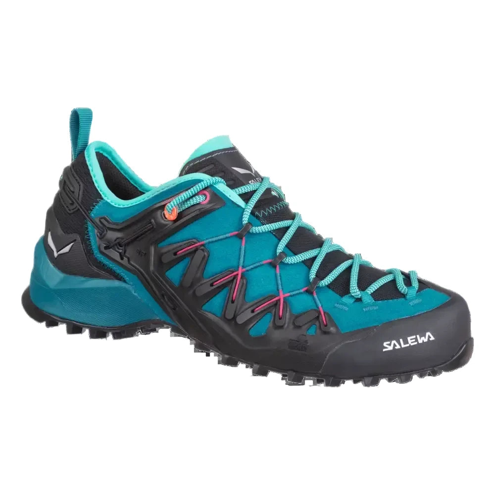 A pair of Salewa Wildfire Edge Approach Shoes for women with blue and black colors and lace-up closure.