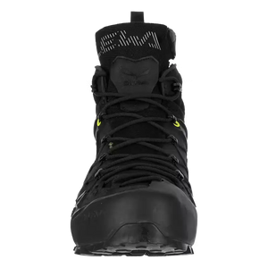 A salewa wildfire mid hiking boot shown from the front on a plain white background. The boot features black laces, a black rubber toe cap, and small bright yellow accents near the lace loops.