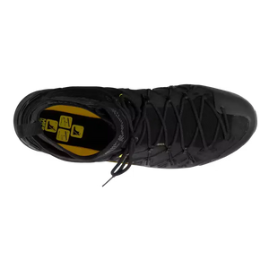 A salewa wildfire mid hiking boot shown from the top on a plain white background. The boot features black laces, a black rubber toe cap, and small bright yellow accents near the lace loops.
