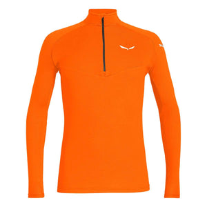 An orange, long-sleeved men's activewear top with a half-zip front and a visible brand logo on the chest.